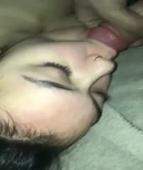 she half asleep swallows sucks all the cum out of my dick