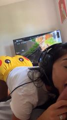 thick teen riding cock and sucking while gaming